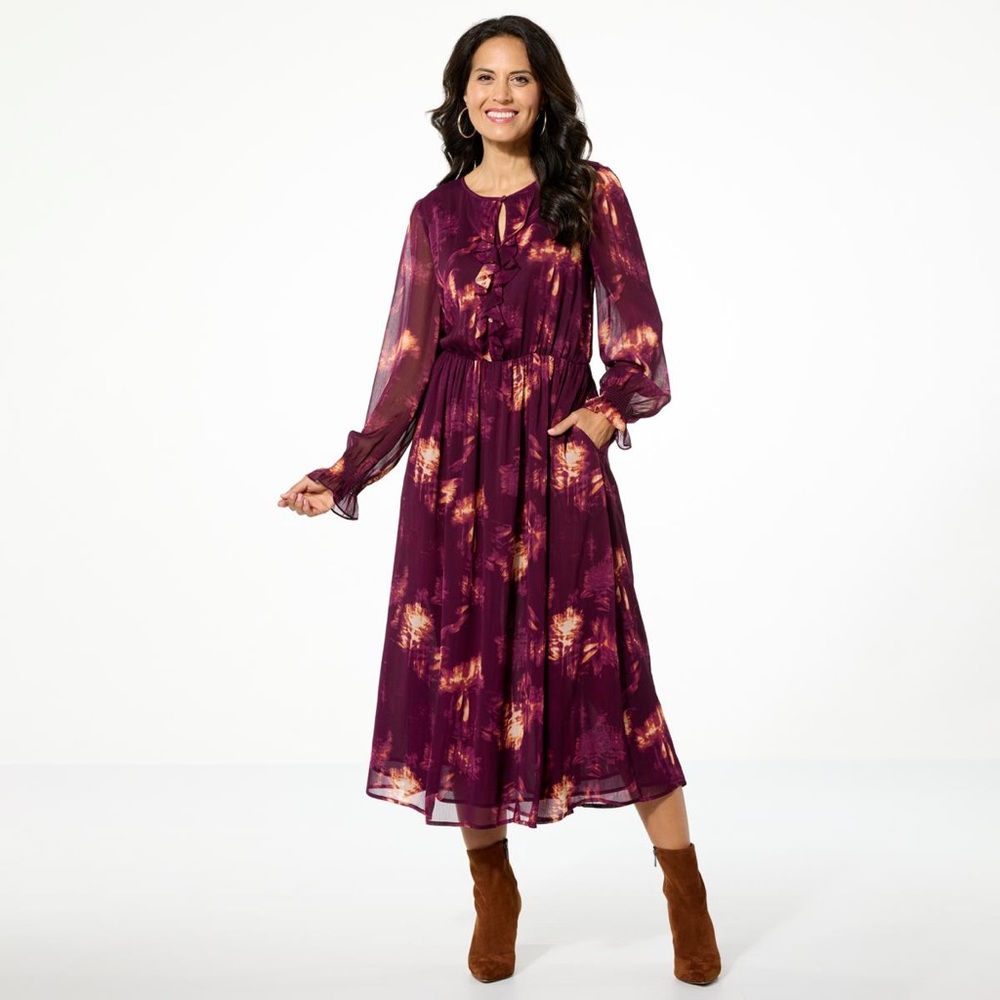 TWRHLL by Christie Brinkley Crinkle Chiffon Ruffle Front Maxi Dress